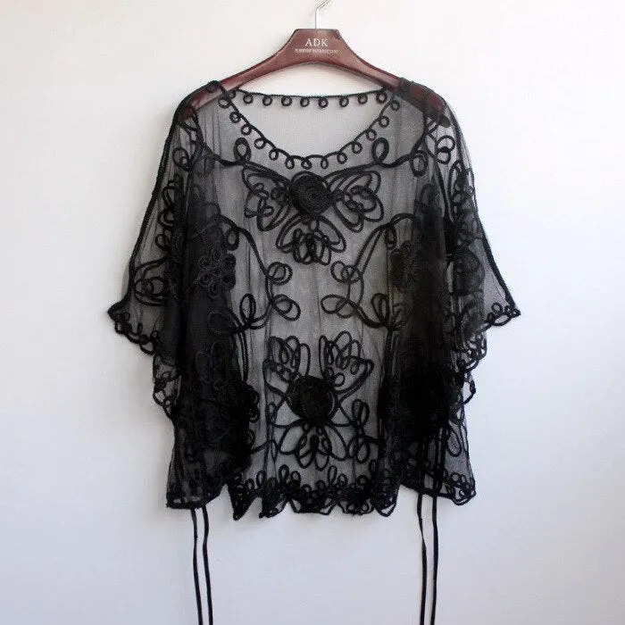 Summer Casual Loose Oversized Thin Mesh Embroidery Floral Batwing Cloak Cape See-Through Lace Poncho Jacket Feminino