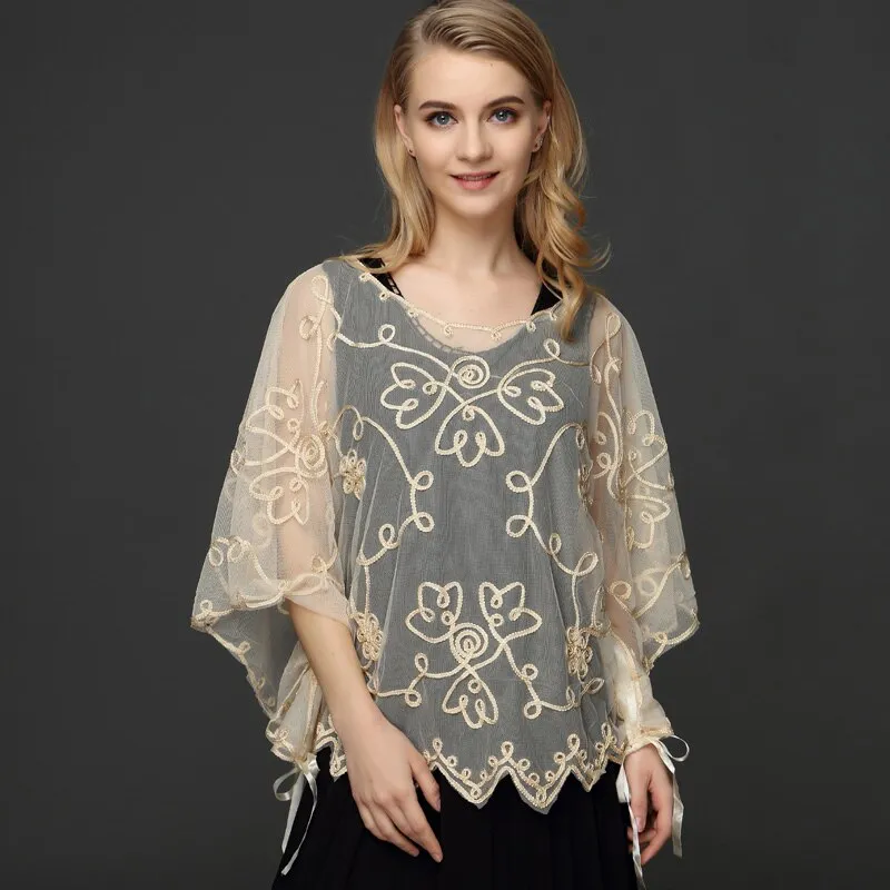 Summer Casual Loose Oversized Thin Mesh Embroidery Floral Batwing Cloak Cape See-Through Lace Poncho Jacket Feminino