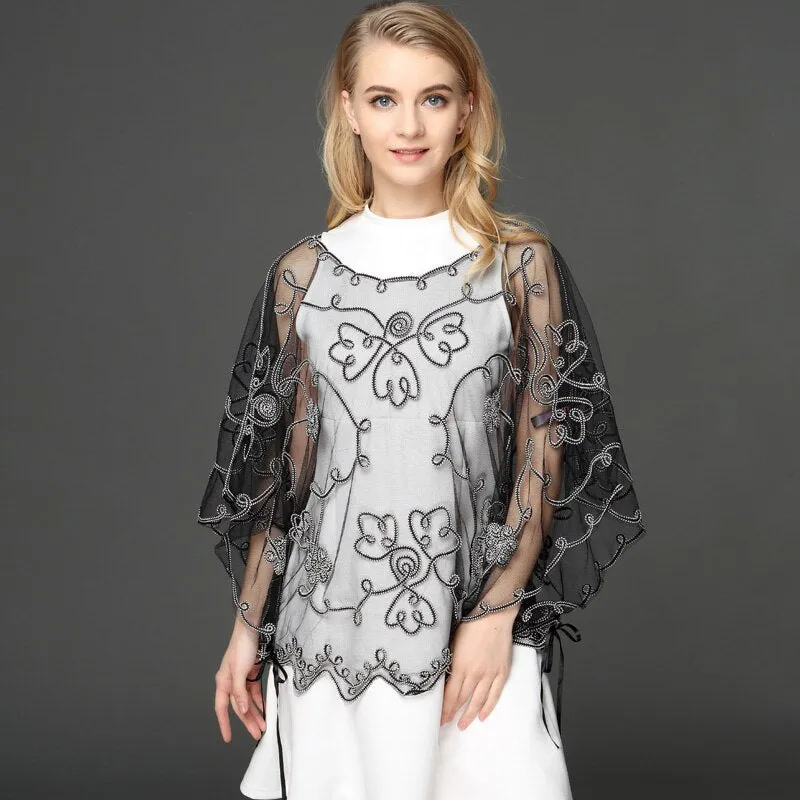 Summer Casual Loose Oversized Thin Mesh Embroidery Floral Batwing Cloak Cape See-Through Lace Poncho Jacket Feminino