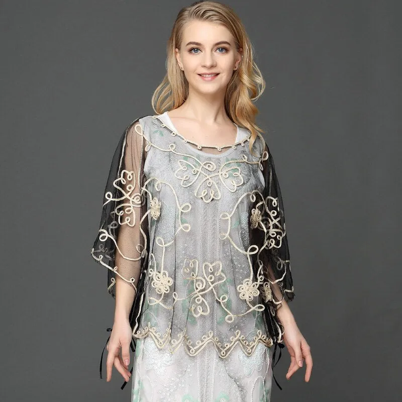 Summer Casual Loose Oversized Thin Mesh Embroidery Floral Batwing Cloak Cape See-Through Lace Poncho Jacket Feminino