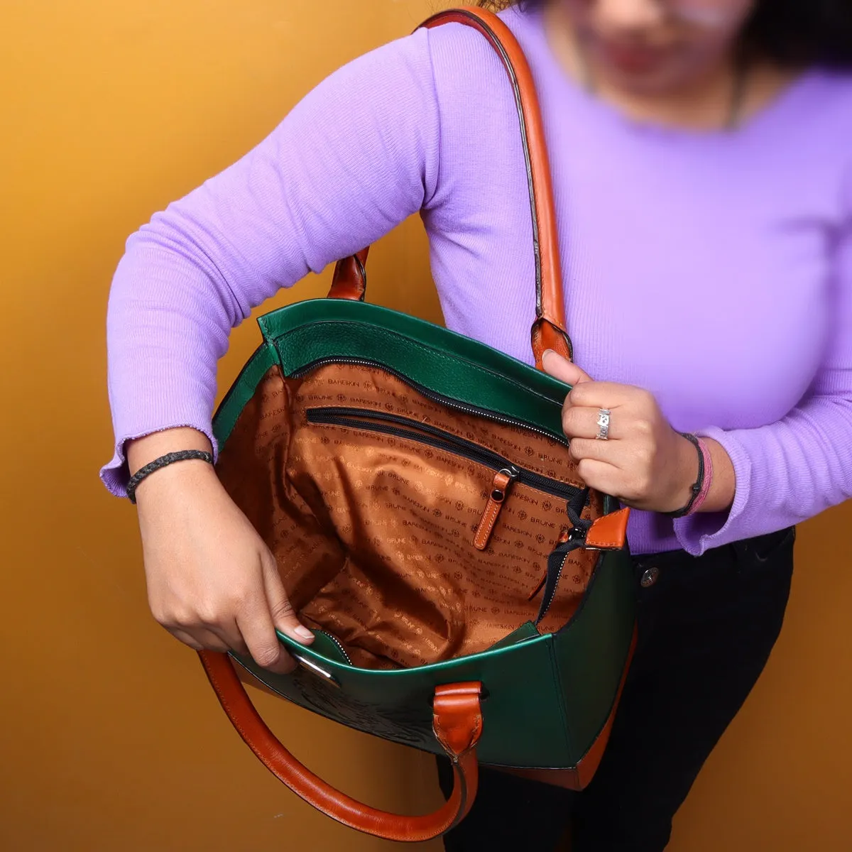 Tan With Forest Green Leather Medium Satchel Hand Bag By Brune & Bareskin