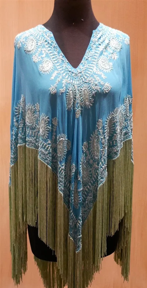 Tanja Pignatelli Silk Fringe Jeweled Caftan Poncho