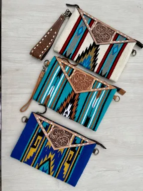 The Design Edge Tooled Blue Saddle Blanket Big Clutch- TSB45C- Black Tooled Leather