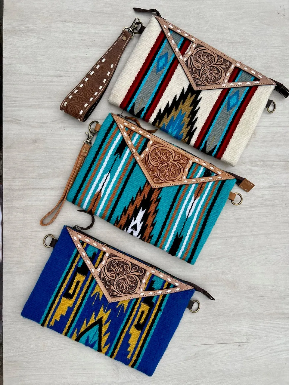 The Design Edge Tooled Blue Saddle Blanket Big Clutch- TSB45C- Brown Tooled Leather