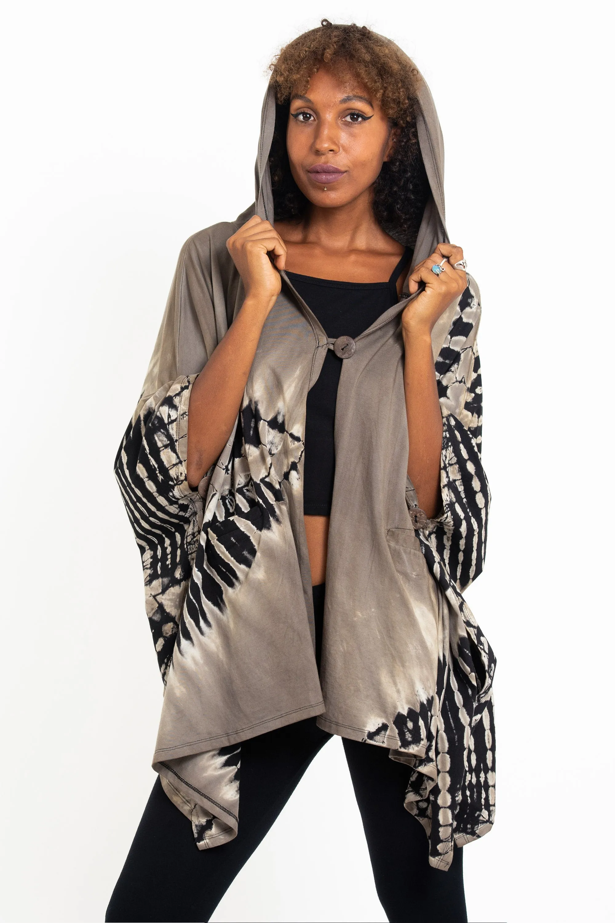 Tie Dye Cotton Hooded Poncho Jacket in Black 01