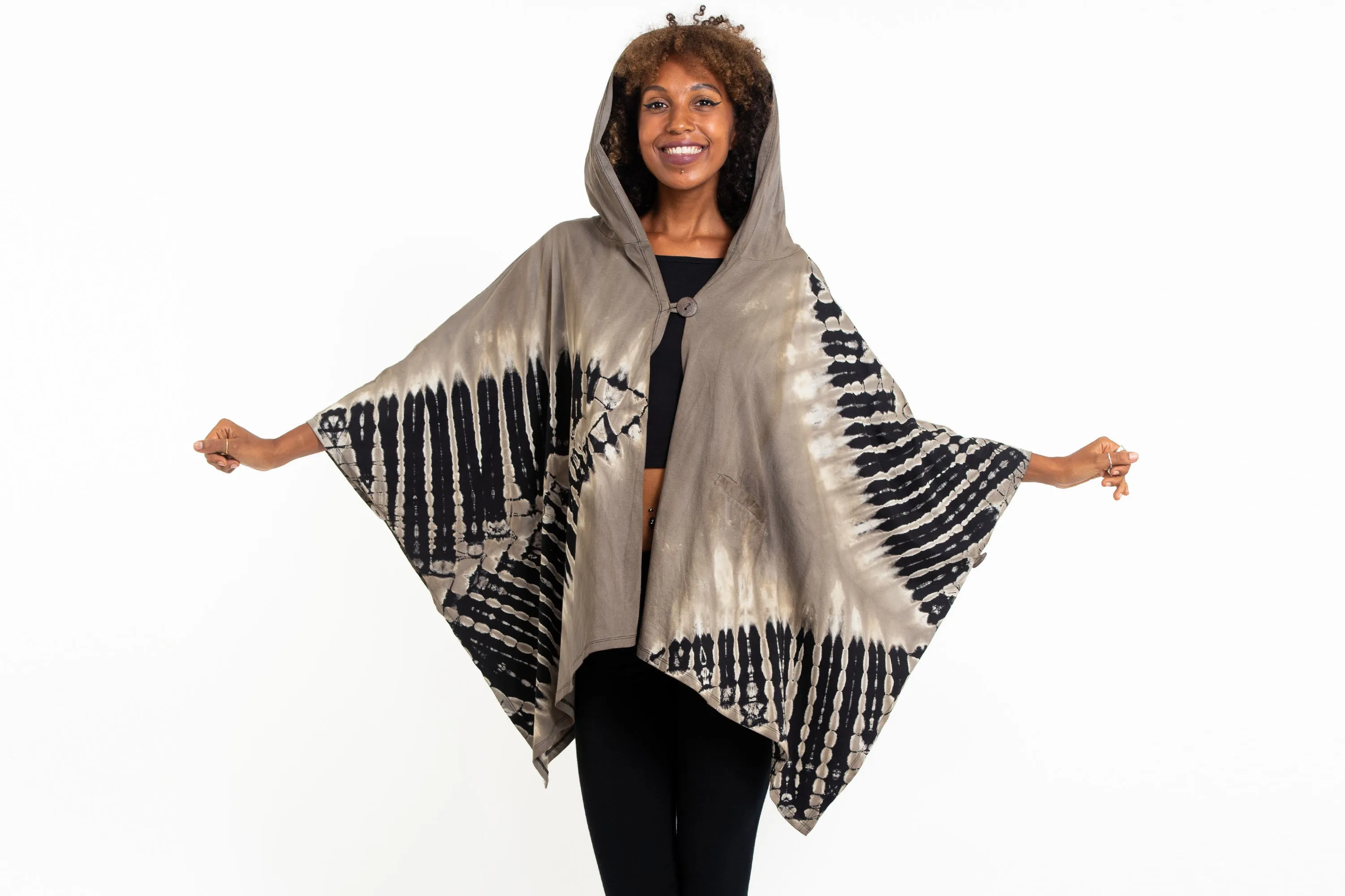 Tie Dye Cotton Hooded Poncho Jacket in Black 01