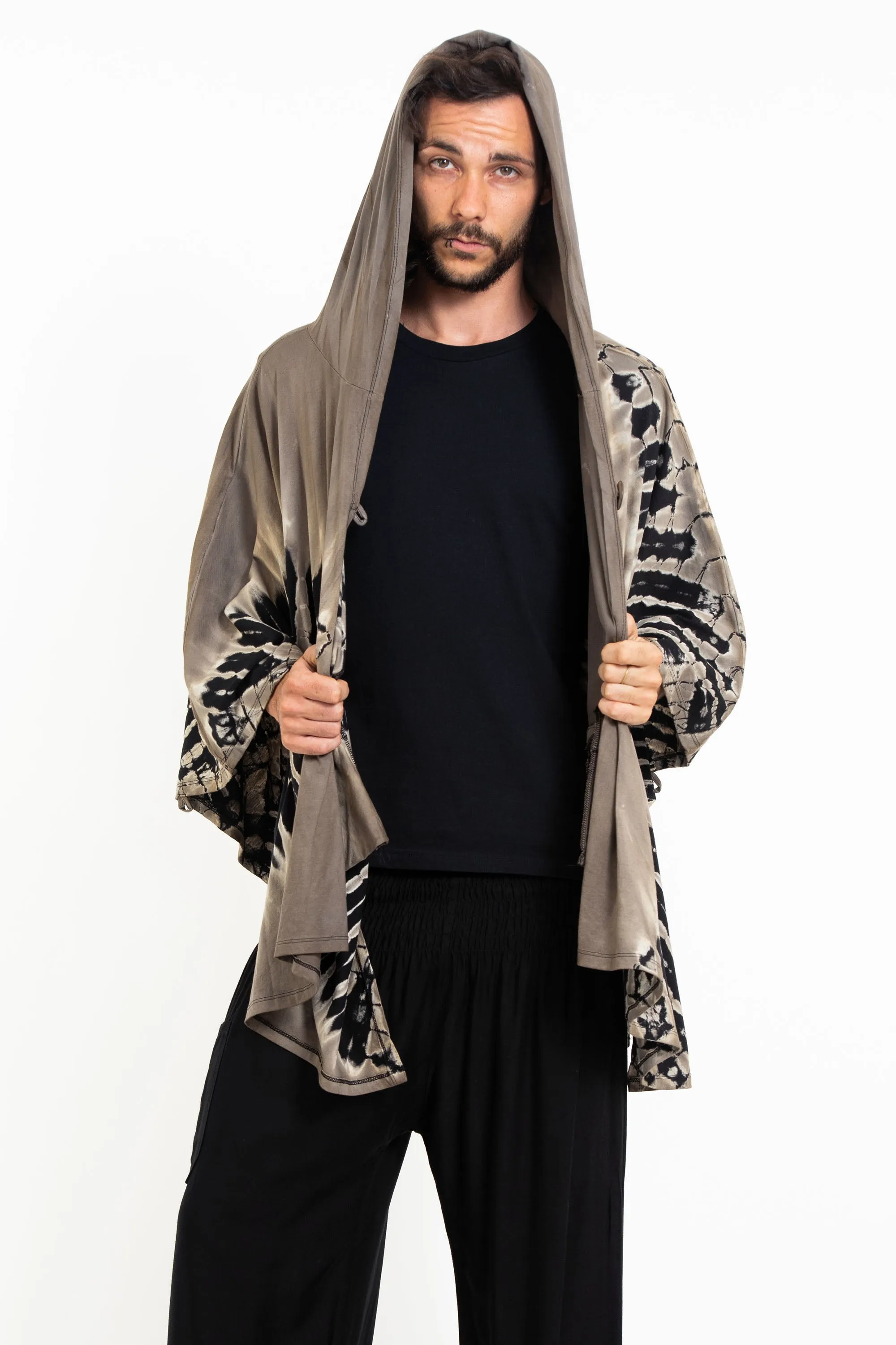 Tie Dye Cotton Hooded Poncho Jacket in Black 01