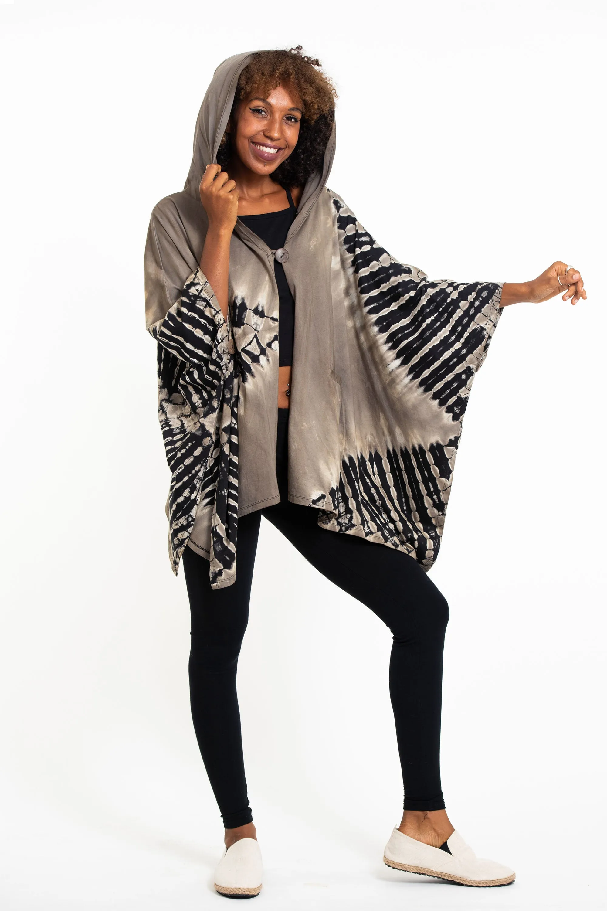 Tie Dye Cotton Hooded Poncho Jacket in Black 01