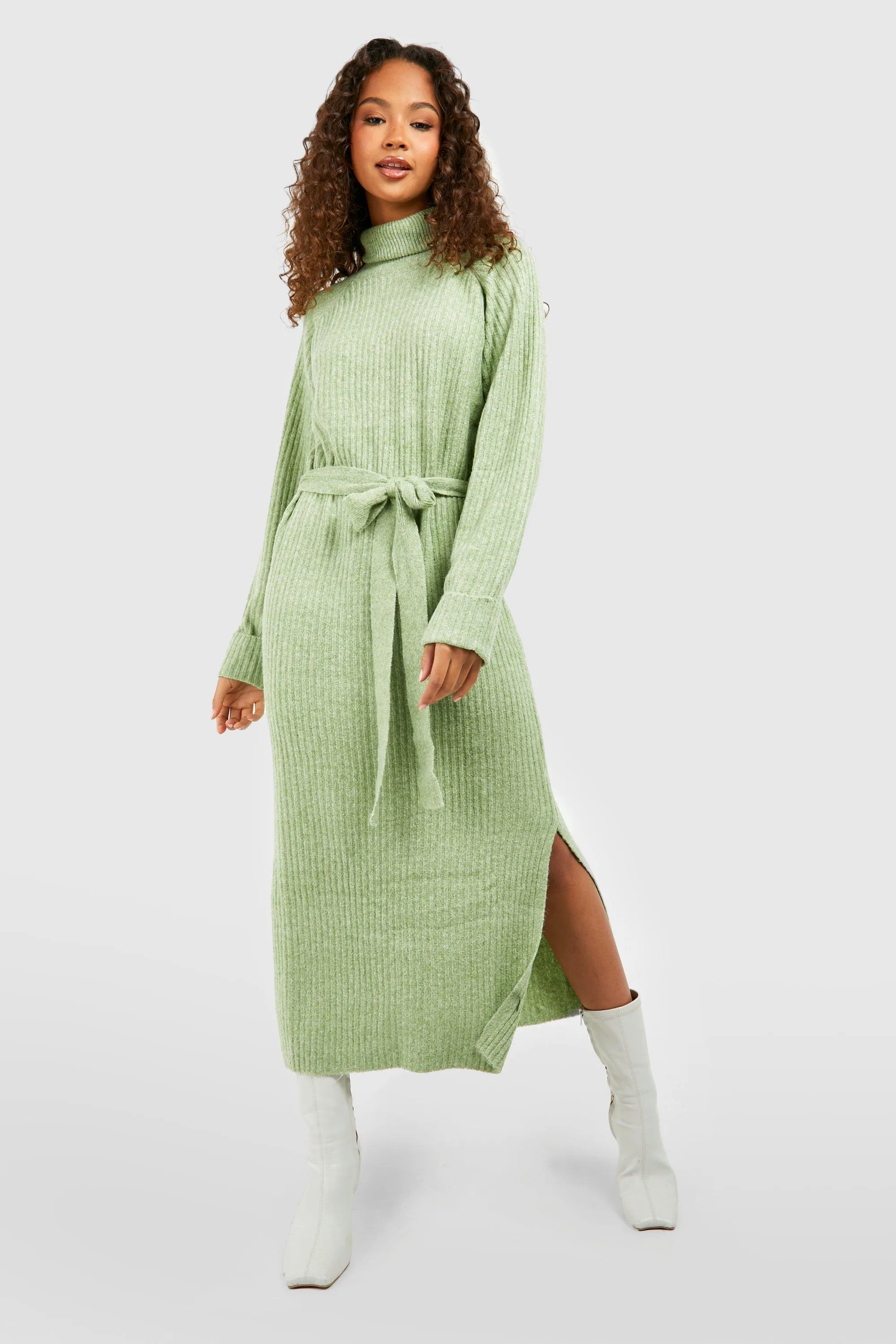 Turtleneck Belted Knitted Midi Dress