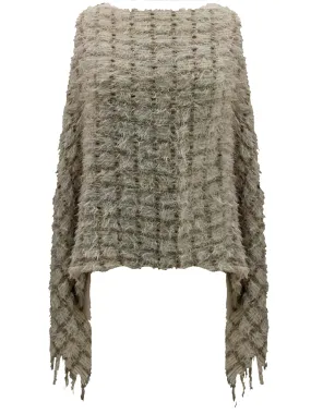 Two-Tone Fuzzy Knit Poncho With Fringe