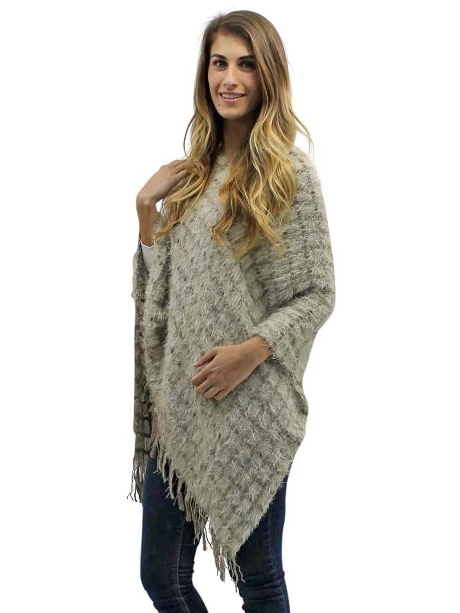 Two-Tone Fuzzy Knit Poncho With Fringe