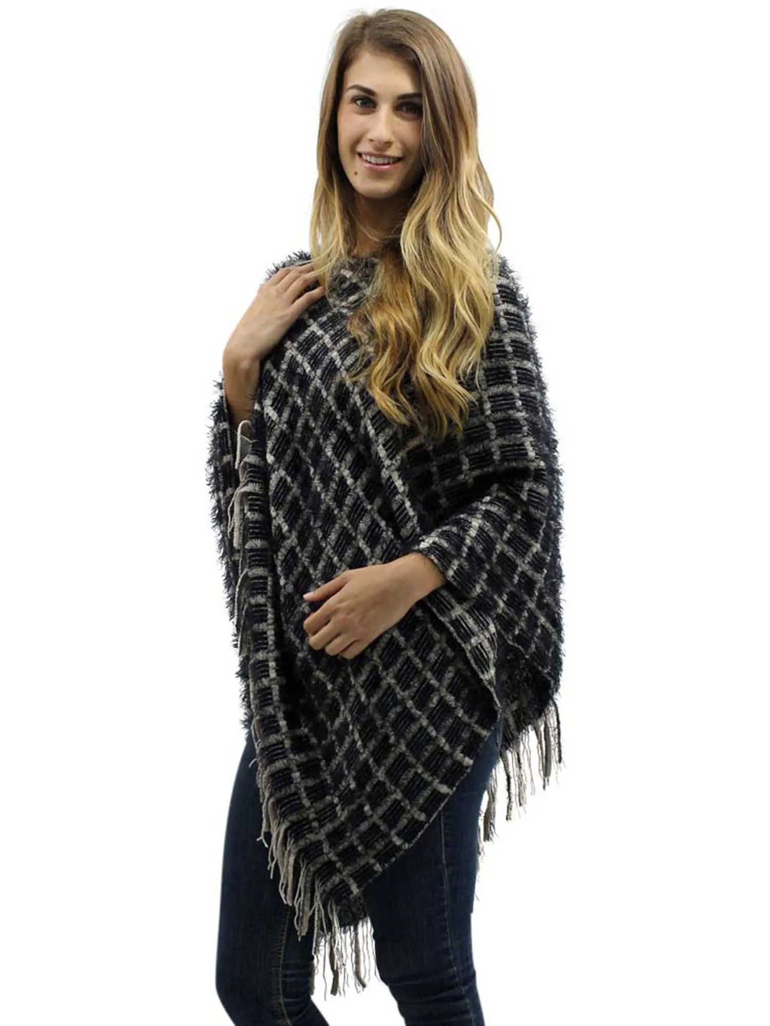 Two-Tone Fuzzy Knit Poncho With Fringe