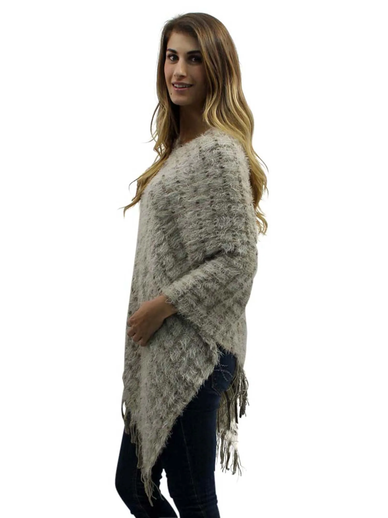 Two-Tone Fuzzy Knit Poncho With Fringe