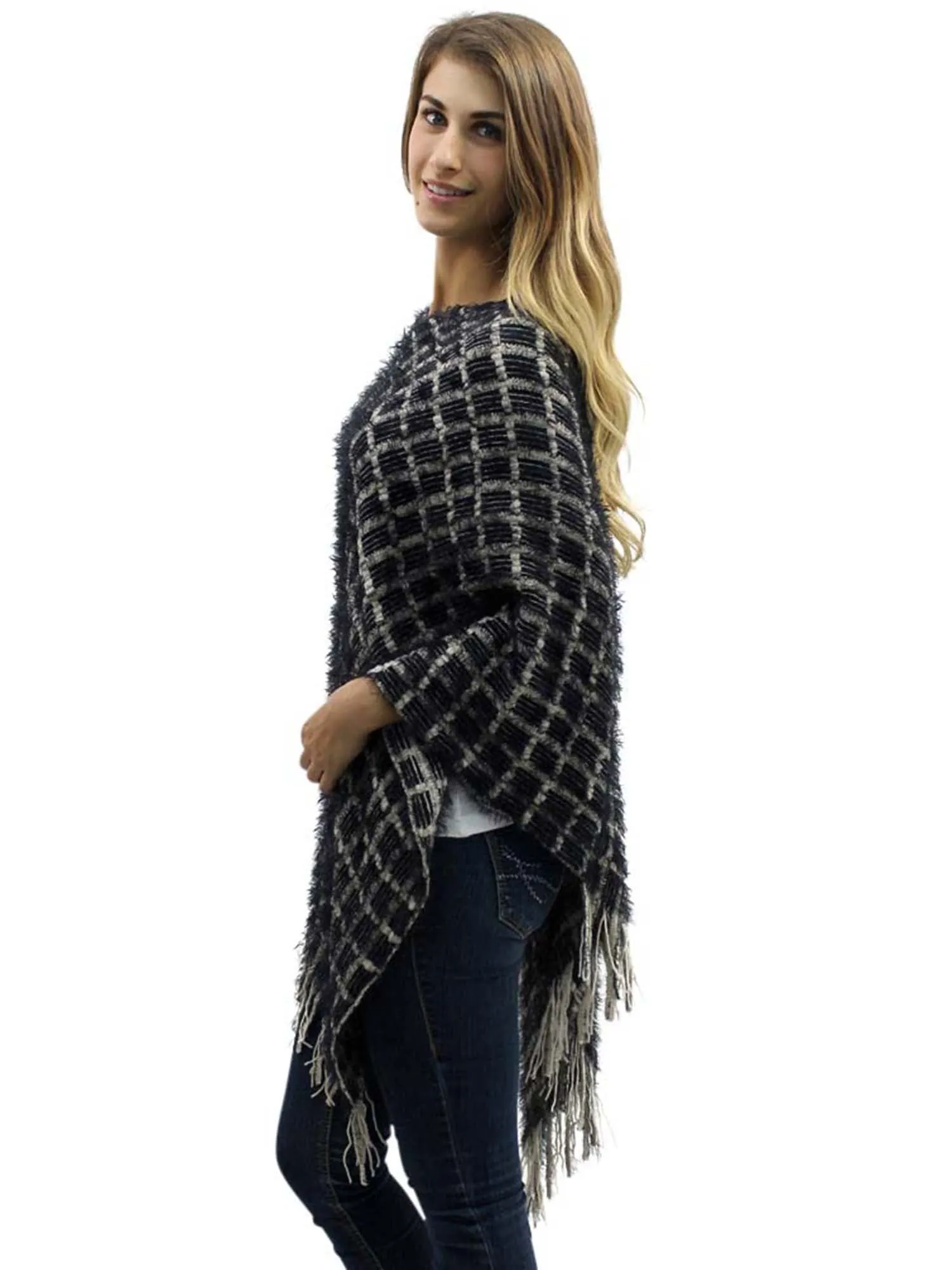 Two-Tone Fuzzy Knit Poncho With Fringe