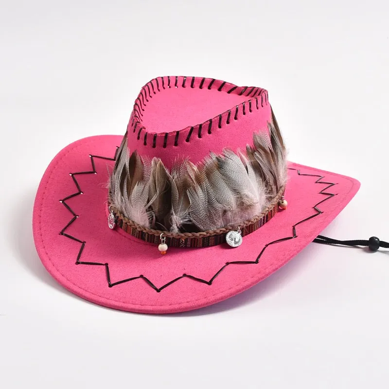 Unisex Outdoor Polyester Feather Decor Wide Brim Western Cowboy Hat