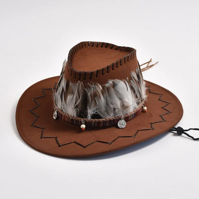 Unisex Outdoor Polyester Feather Decor Wide Brim Western Cowboy Hat