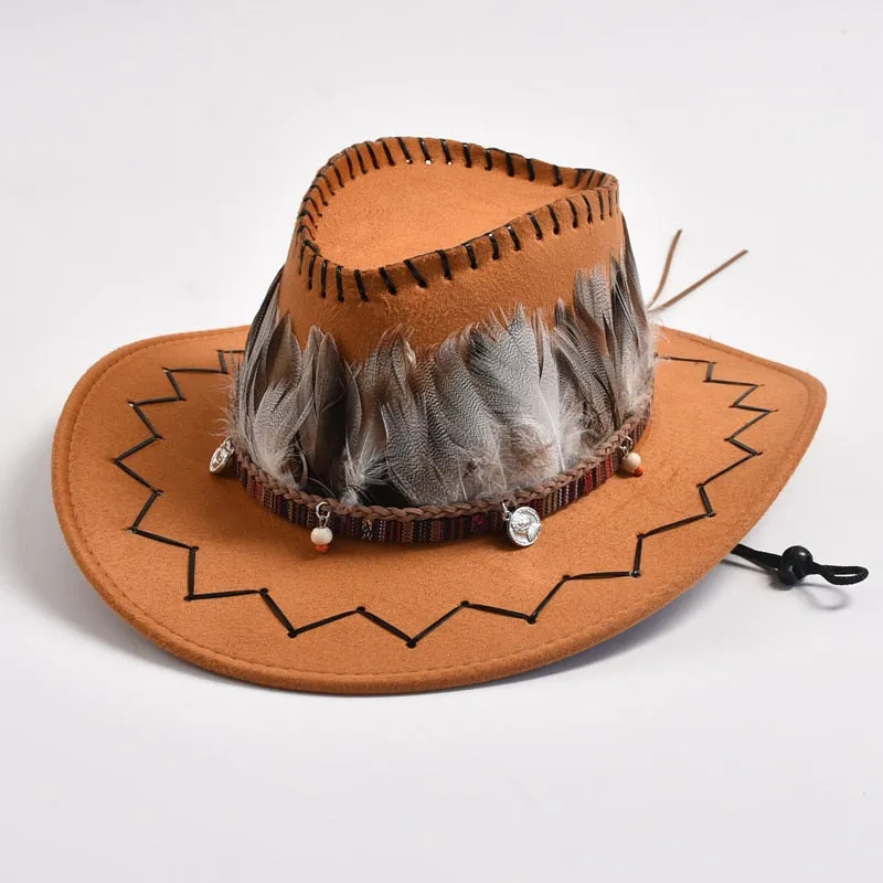 Unisex Outdoor Polyester Feather Decor Wide Brim Western Cowboy Hat