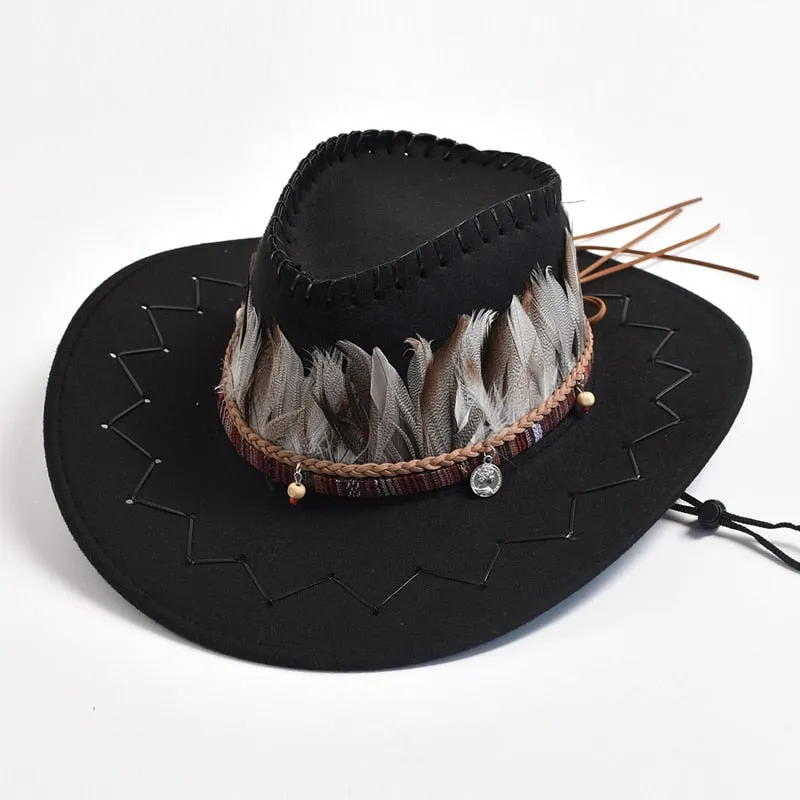 Unisex Outdoor Polyester Feather Decor Wide Brim Western Cowboy Hat