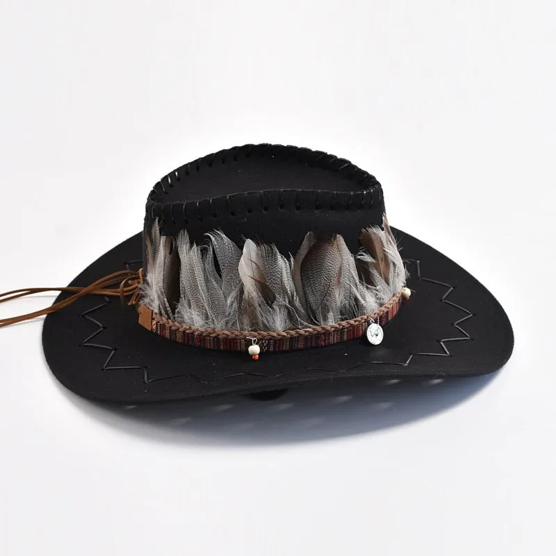 Unisex Outdoor Polyester Feather Decor Wide Brim Western Cowboy Hat