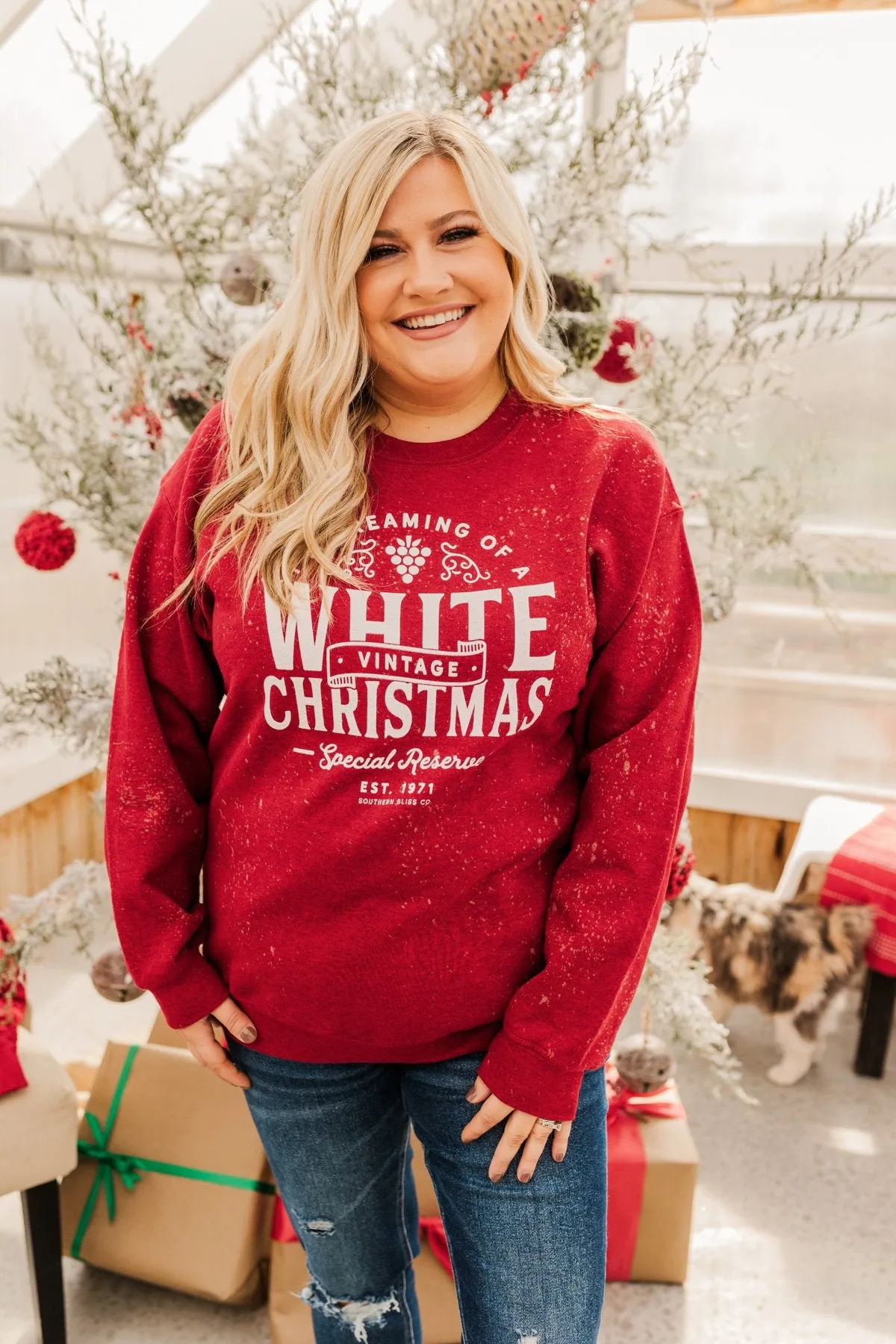 Vintage White Christmas Crewneck Pullover- Deep Red