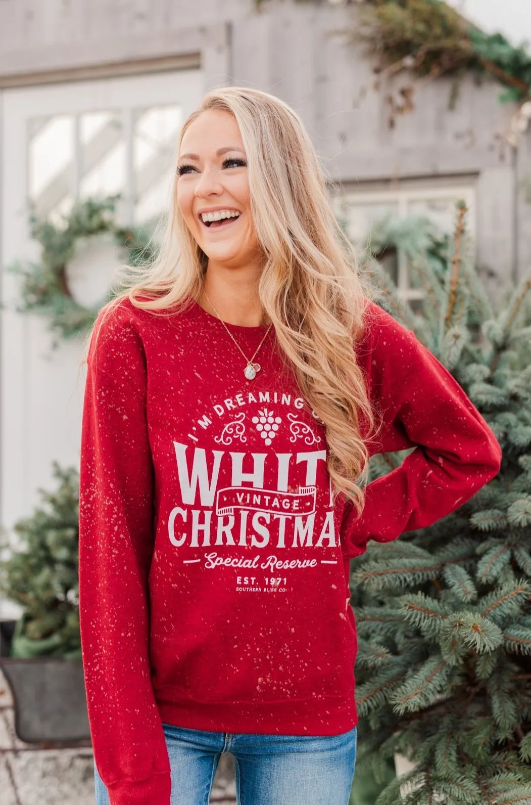 Vintage White Christmas Crewneck Pullover- Deep Red