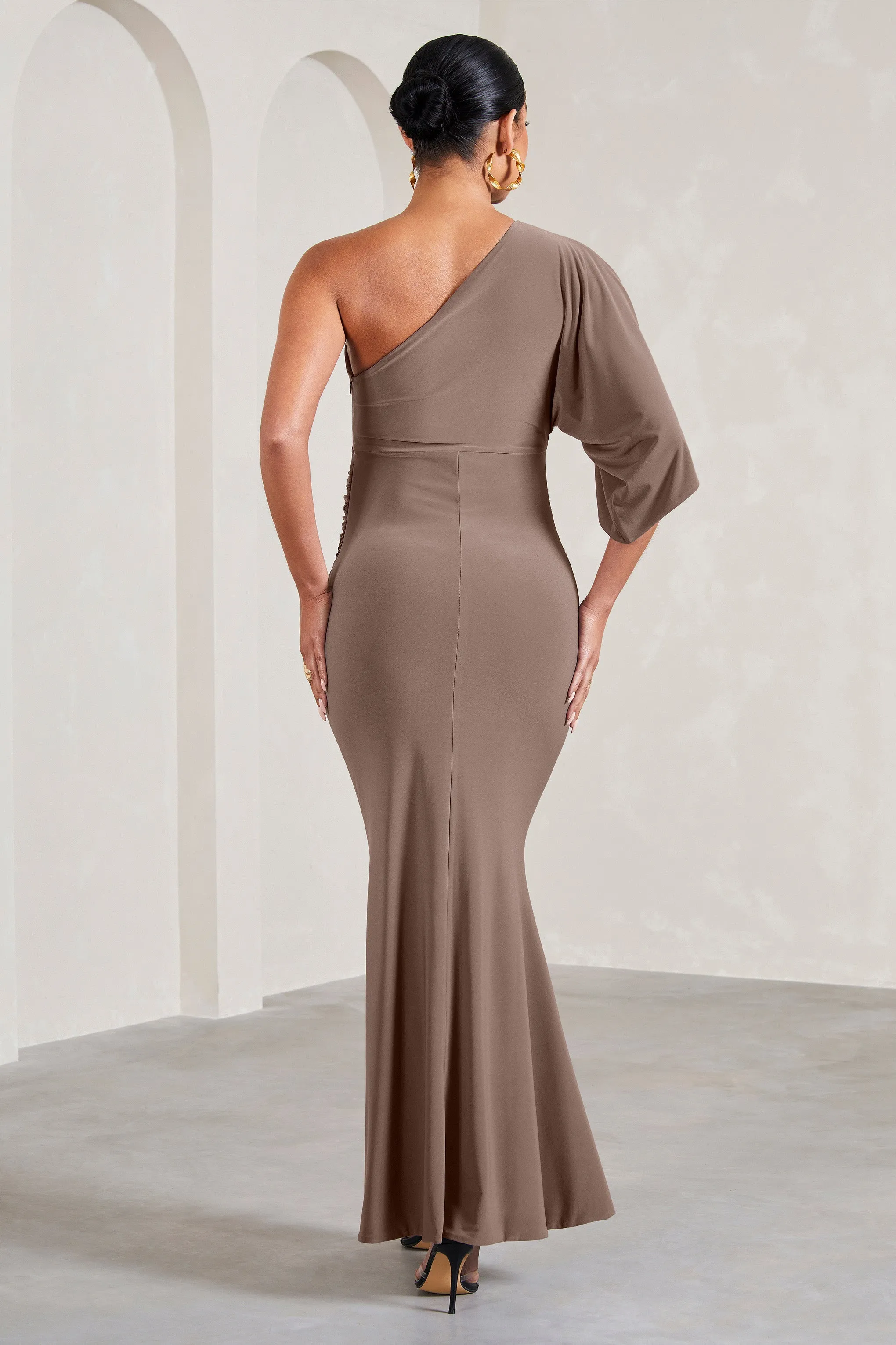 Wisdom | Mocha Ruched Asymmetric One-Shoulder Maternity Maxi Dress