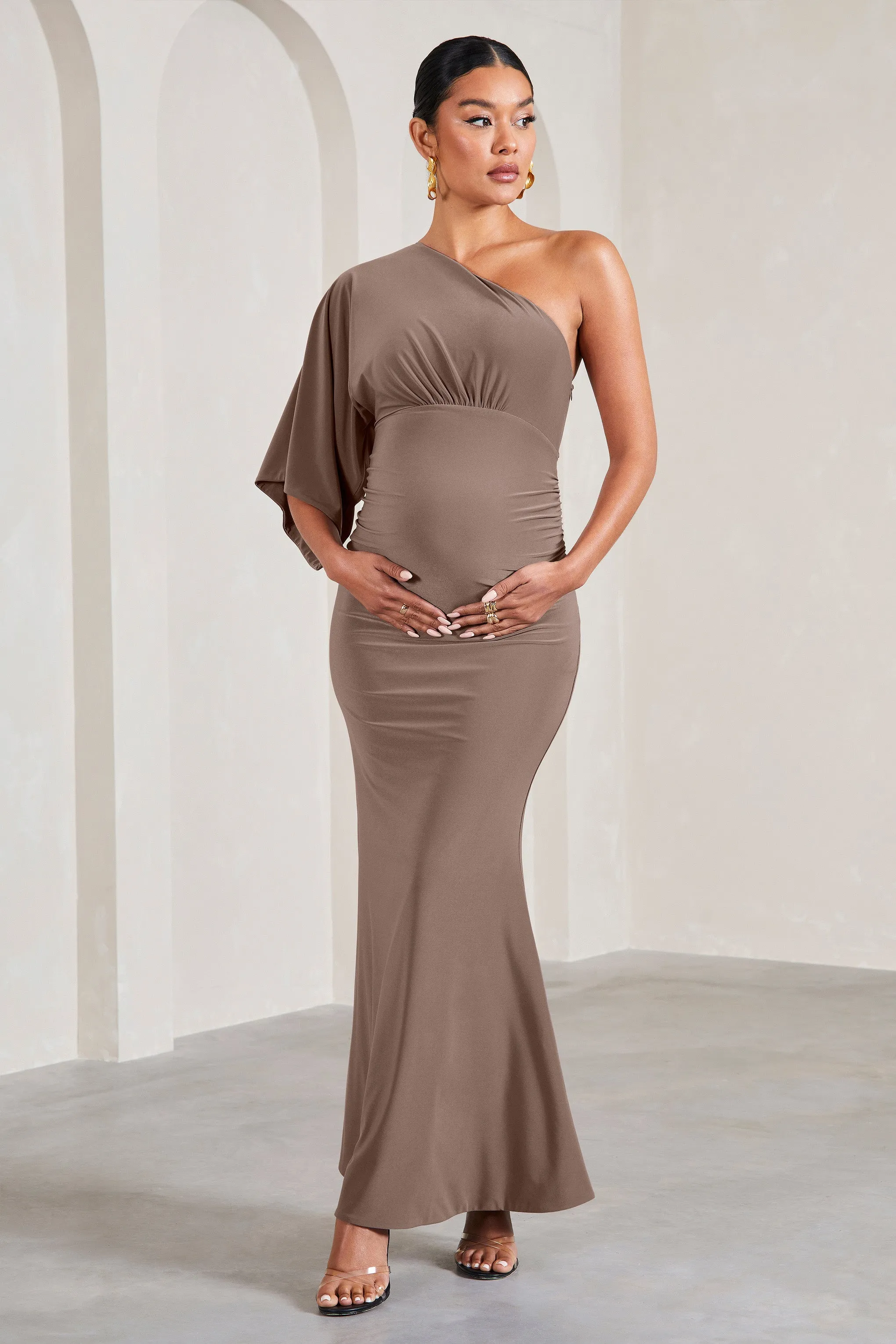 Wisdom | Mocha Ruched Asymmetric One-Shoulder Maternity Maxi Dress