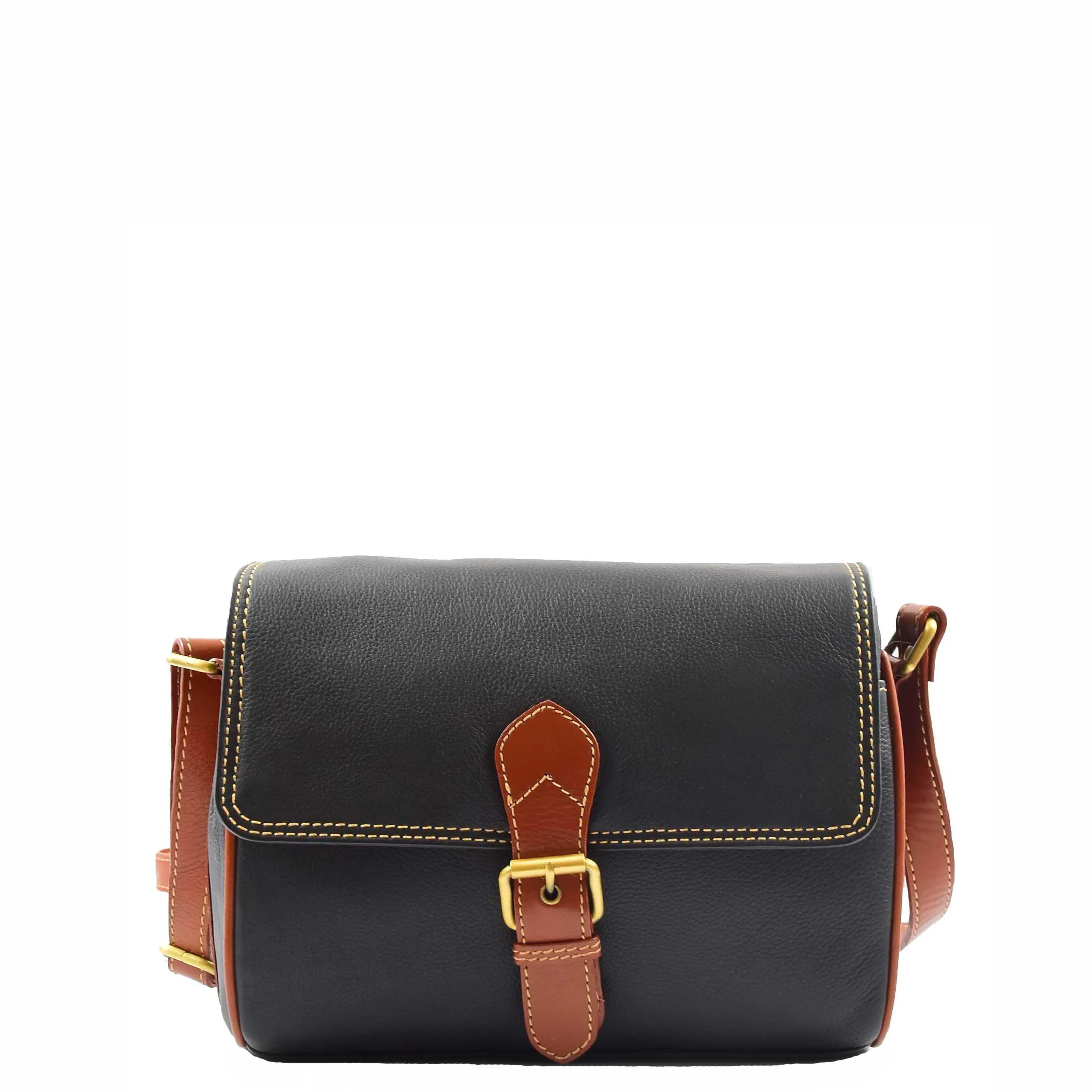 Women Genuine Leather Crossbody Bag Satchel Saddle HANNAH Black/Tan