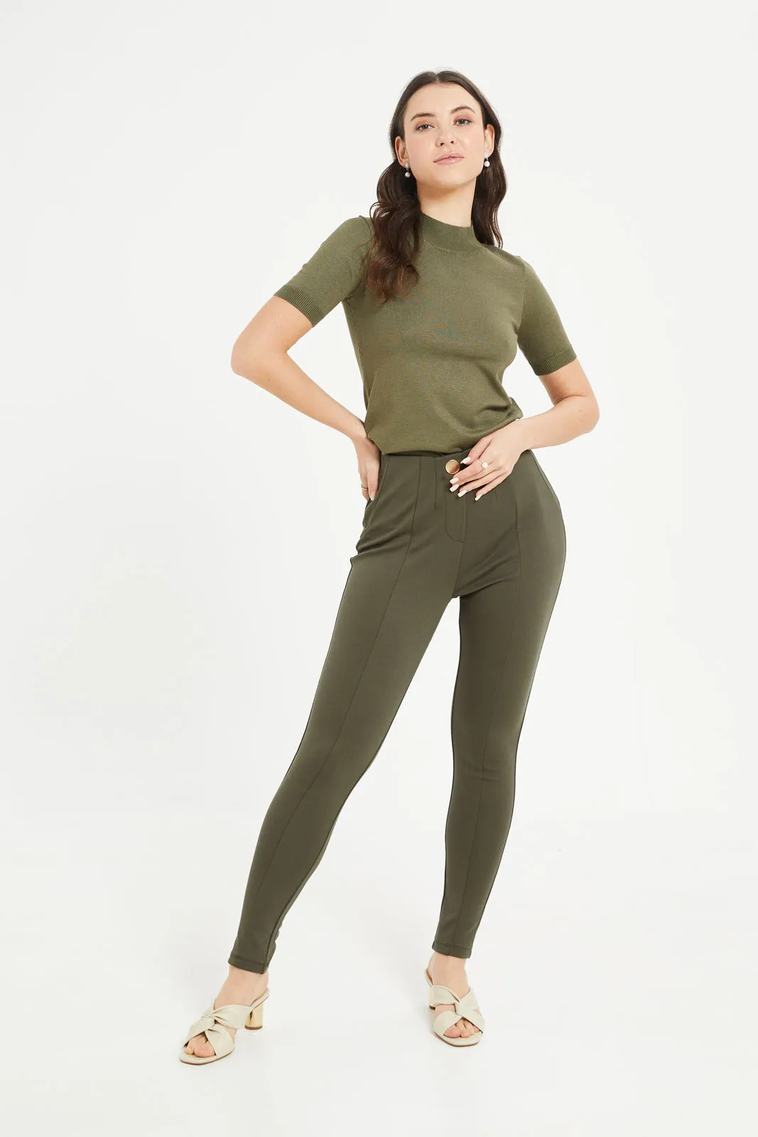 Women Olive High Neck Pullover