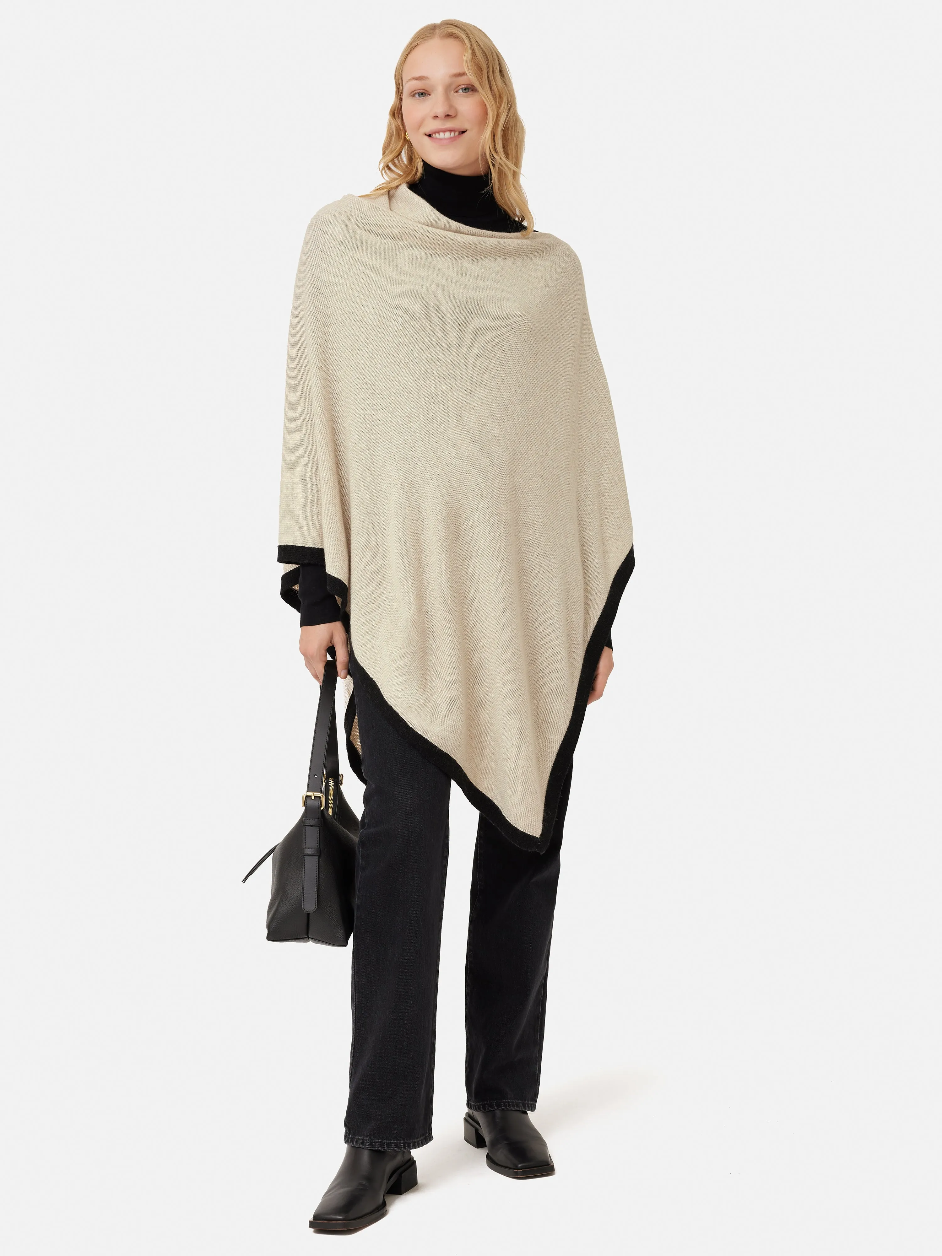 Wool Cashmere Blend Border Poncho | Cream