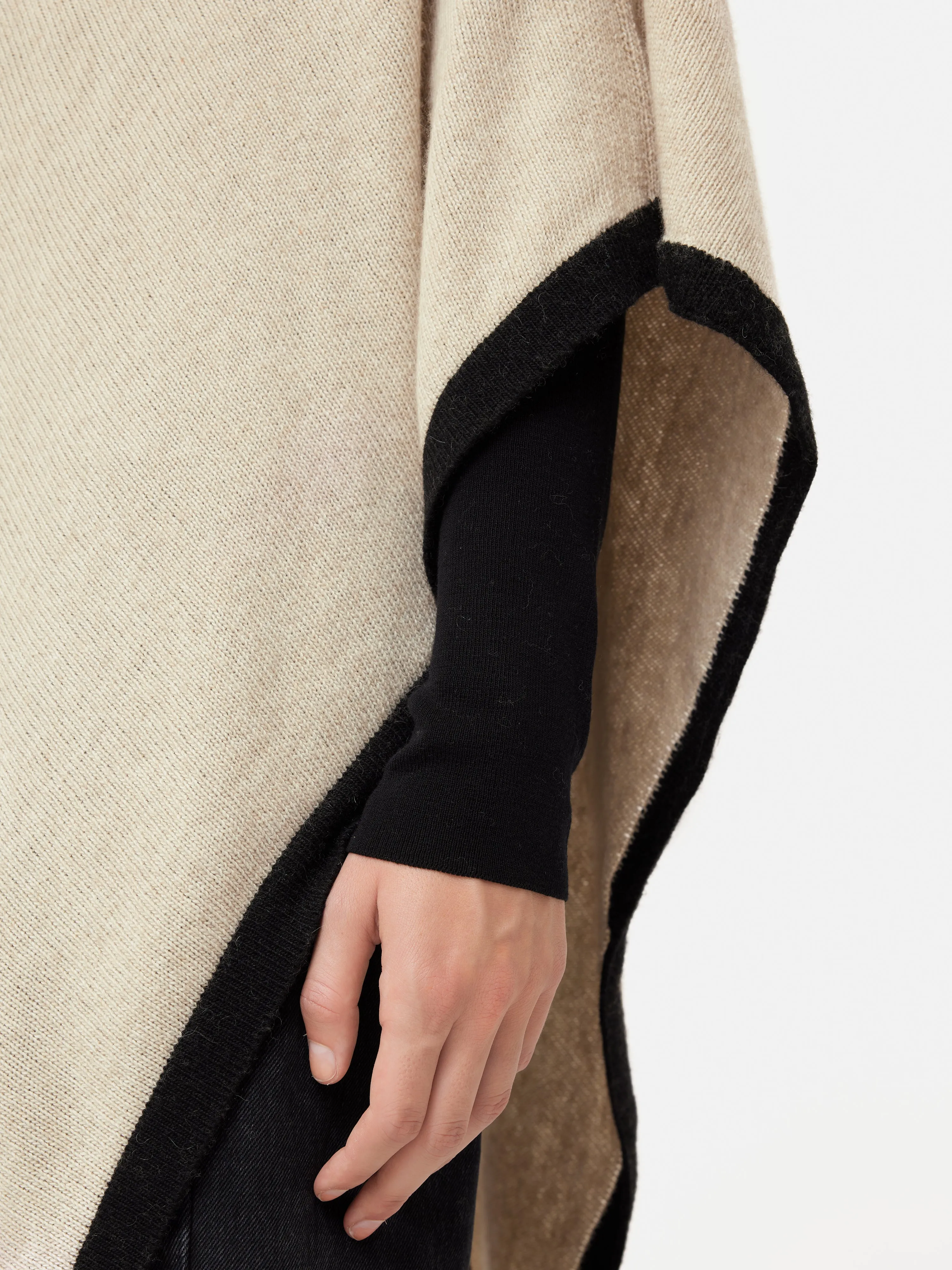 Wool Cashmere Blend Border Poncho | Cream