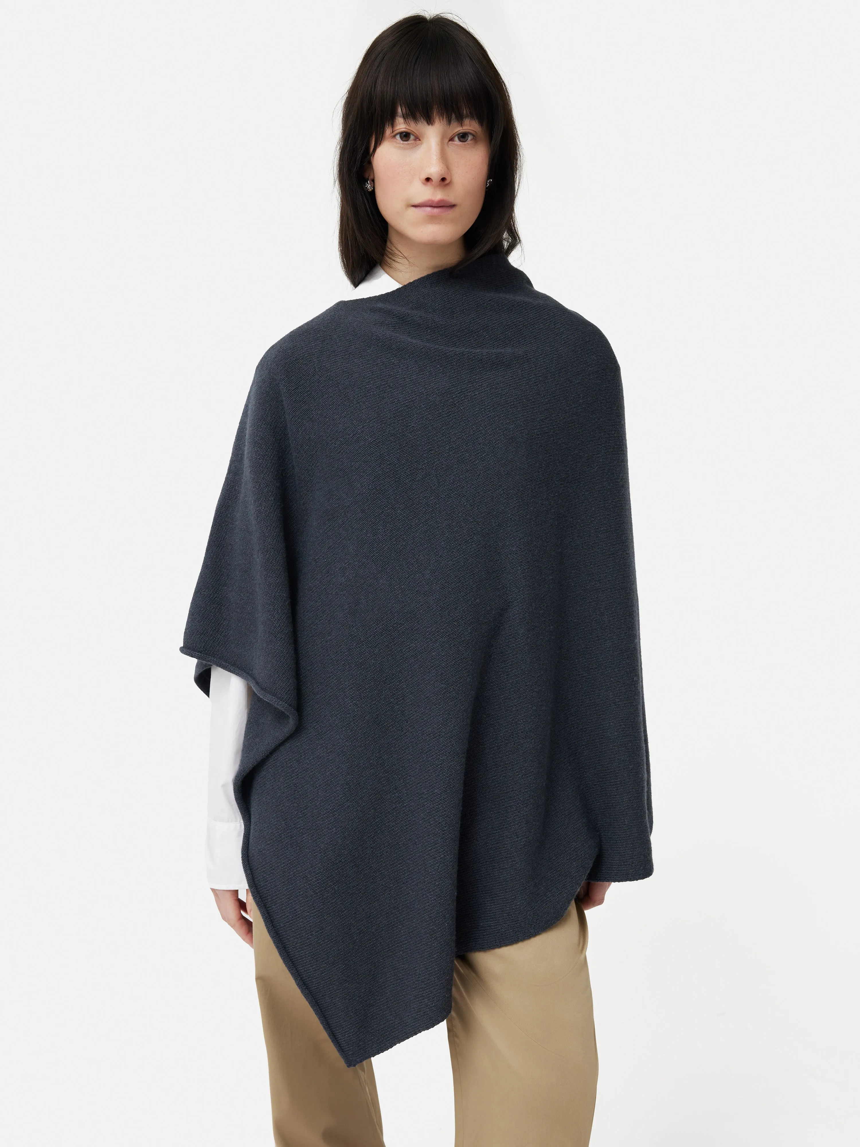 Wool Cashmere Blend Drape Poncho | Slate