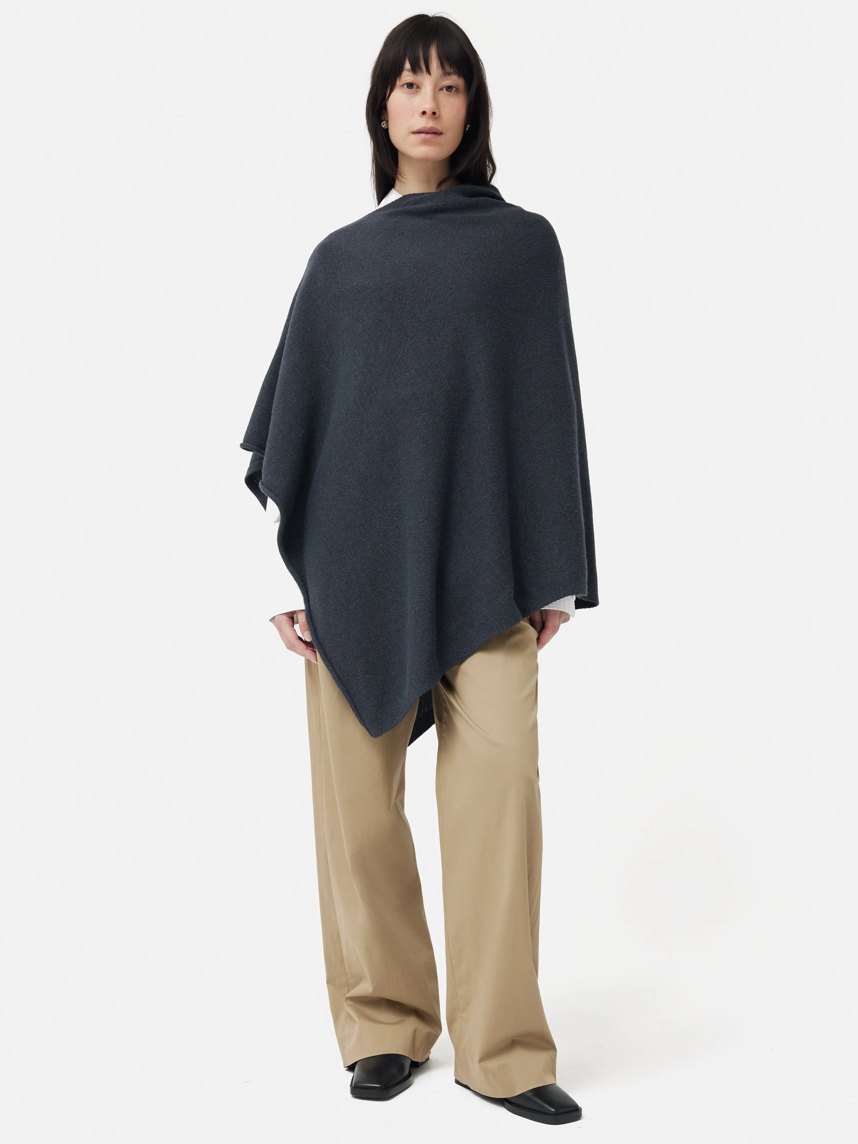 Wool Cashmere Blend Drape Poncho | Slate