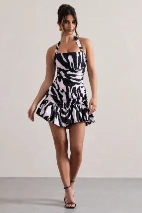 Zahra | Zebra Print Halter-Neck Ruched Mini Dress With Ruffle Hem