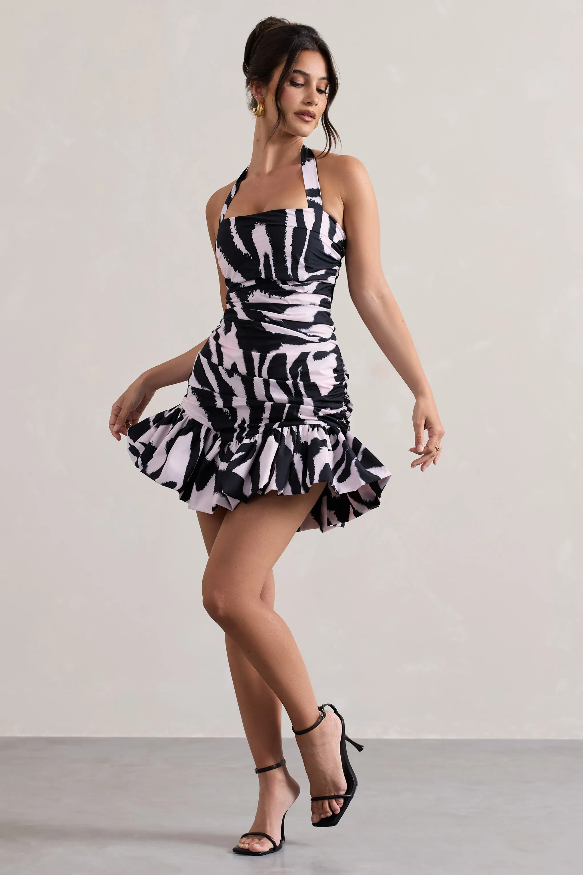 Zahra | Zebra Print Halter-Neck Ruched Mini Dress With Ruffle Hem